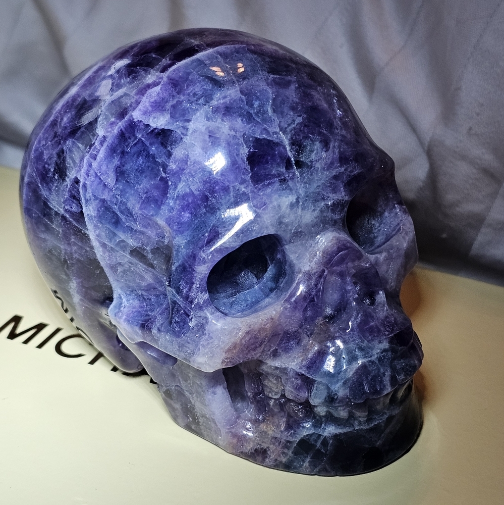 8.9 cm, 3.5" Fluorite Hand Carved Crystal Skull, 677 grams, 1.49 lbs, New!